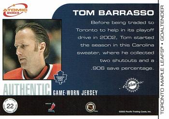 2002-03 Pacific Atomic - Authentic Game-Worn Jersey Patch Variation #22 Tom Barrasso Back