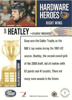 2002-03 Pacific Calder - Hardware Heroes #1 Dany Heatley Back