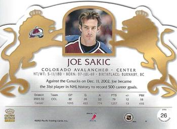 2002-03 Pacific Crown Royale - Blue #26 Joe Sakic Back