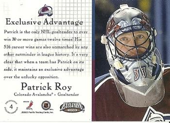 2002-03 Pacific Exclusive - Advantage #4 Patrick Roy Back