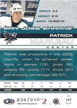 2002-03 Pacific Heads Up - Blue #107 Patrick Marleau Back