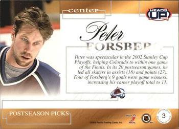 2002-03 Pacific Heads Up - Postseason Picks #3 Peter Forsberg Back