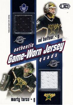 2002-03 Pacific Heads Up - Game-Worn Jersey Quads #11 Ed Belfour / Marty Turco / Pierre Turgeon / Mike Modano Front
