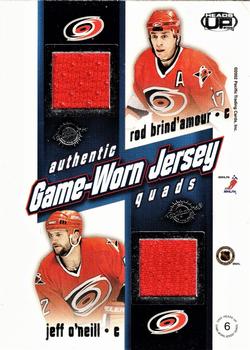 2002-03 Pacific Heads Up - Game-Worn Jersey Quads #6 Ron Francis / Arturs Irbe / Rod Brind'Amour / Jeff O'Neill Back