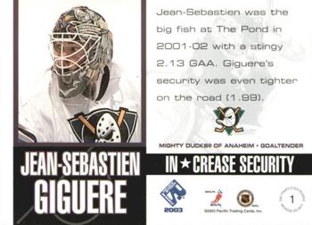2002-03 Pacific Private Stock Reserve - In-Crease Security #1 Jean-Sebastien Giguere Back