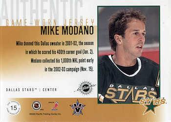 2002-03 Pacific Vanguard - Authentic Game-Worn Jerseys #15 Mike Modano Back