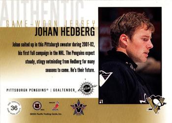 2002-03 Pacific Vanguard - Authentic Game-Worn Jerseys #36 Johan Hedberg Back