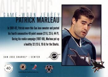 2002-03 Pacific Vanguard - Authentic Game-Worn Jerseys #40 Patrick Marleau Back