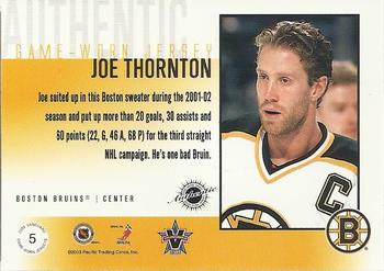 2002-03 Pacific Vanguard - Authentic Game-Worn Jerseys #5 Joe Thornton Back
