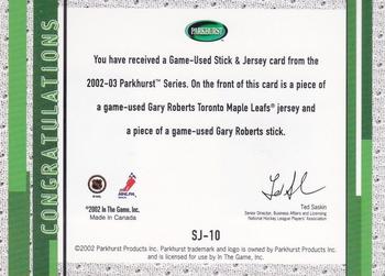 2002-03 Parkhurst - Game-Used Stick + Jersey #SJ-10 Gary Roberts Back
