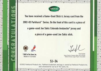 2002-03 Parkhurst - Game-Used Stick + Jersey #SJ-34 Joe Sakic Back