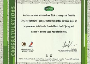 2002-03 Parkhurst - Game-Used Stick + Jersey #SJ-47 Mats Sundin Back
