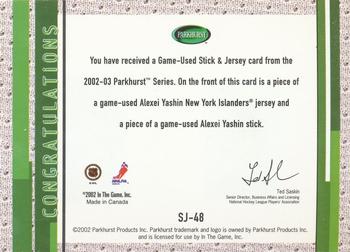 2002-03 Parkhurst - Game-Used Stick + Jersey #SJ-48 Alexei Yashin Back