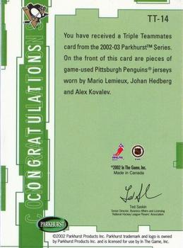 2002-03 Parkhurst - Triple Teammates #TT-14 Johan Hedberg / Alex Kovalev / Mario Lemieux Back