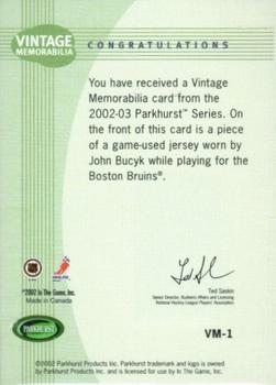 2002-03 Parkhurst - Vintage Memorabilia #VM-1 Johnny Bucyk Back