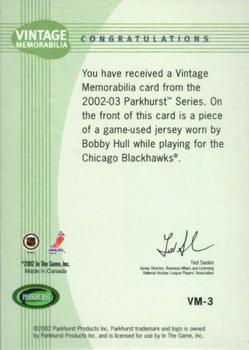 2002-03 Parkhurst - Vintage Memorabilia #VM-3 Bobby Hull Back