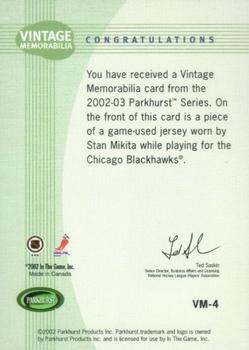 2002-03 Parkhurst - Vintage Memorabilia #VM-4 Stan Mikita Back