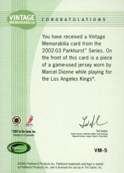2002-03 Parkhurst - Vintage Memorabilia #VM-5 Marcel Dionne Back
