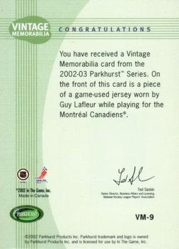 2002-03 Parkhurst - Vintage Memorabilia #VM-9 Guy Lafleur Back