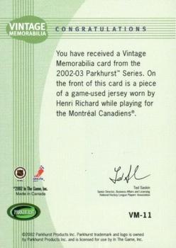 2002-03 Parkhurst - Vintage Memorabilia #VM-11 Henri Richard Back