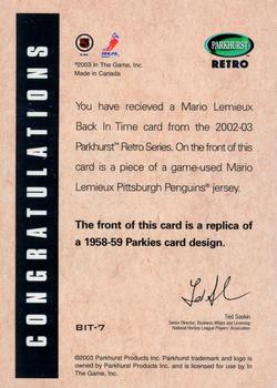 2002-03 Parkhurst Retro - Back In Time #BIT-7 Mario Lemieux Back