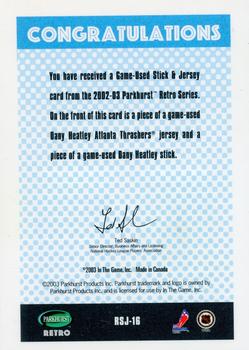 2002-03 Parkhurst Retro - Game-Used Stick & Jersey #RSJ-16 Dany Heatley Back