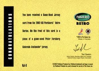 2002-03 Parkhurst Retro - Game-Used Jersey #RJ-3 Peter Forsberg Back