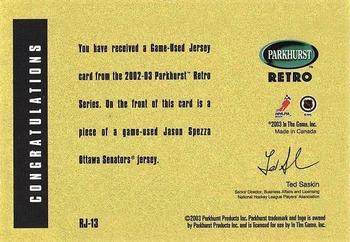2002-03 Parkhurst Retro - Game-Used Jersey #RJ-13 Jason Spezza Back