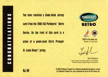 2002-03 Parkhurst Retro - Game-Used Jersey #RJ-34 Chris Pronger Back