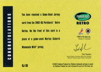 2002-03 Parkhurst Retro - Game-Used Jersey #RJ-36 Marian Gaborik Back
