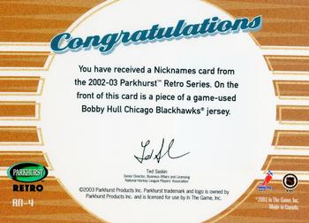 2002-03 Parkhurst Retro - Retro Nicknames #RN-4 Bobby Hull Back