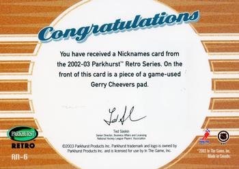 2002-03 Parkhurst Retro - Retro Nicknames #RN-6 Gerry Cheevers Back