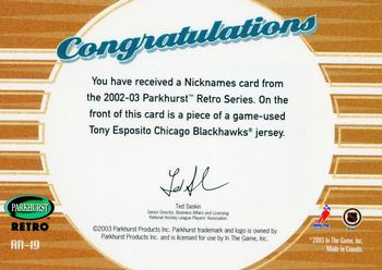 2002-03 Parkhurst Retro - Retro Nicknames #RN-19 Tony Esposito Back
