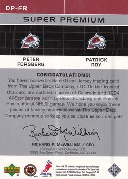 2002-03 SP Authentic - Super Premiums #DP-FR Peter Forsberg / Patrick Roy Back