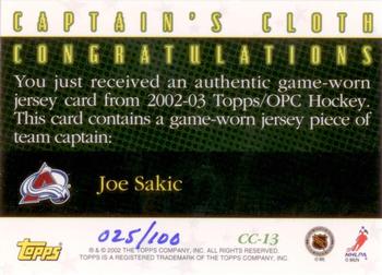 2002-03 Topps - Captain's Cloth #CC-13 Joe Sakic Back