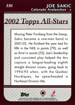 2002-03 Topps - Factory Set #330 Joe Sakic Back