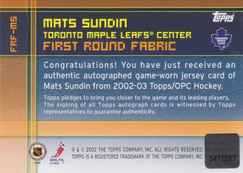 2002-03 Topps - First Round Fabric Autographs #FRF-MS Mats Sundin Back