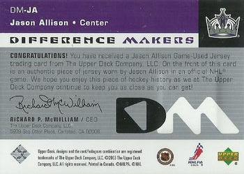 2002-03 Upper Deck - Difference Makers #DM-JA Jason Allison Back