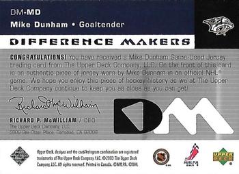 2002-03 Upper Deck - Difference Makers #DM-MD Mike Dunham Back