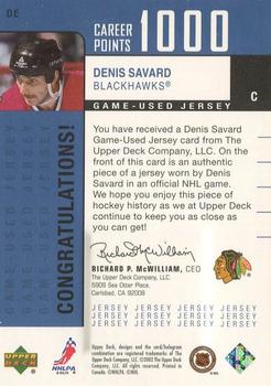 2002-03 Upper Deck Foundations - 1000 Point Club #DE Denis Savard Back