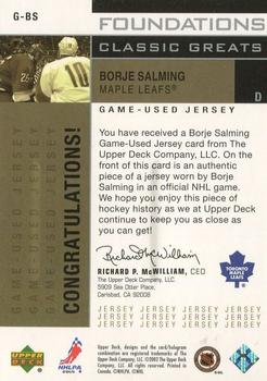 2002-03 Upper Deck Foundations - Classic Greats Silver #G-BS Borje Salming Back