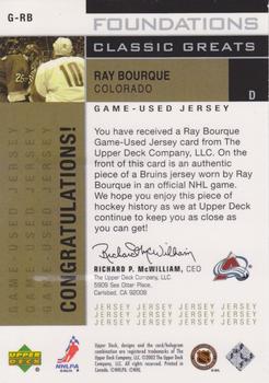 2002-03 Upper Deck Foundations - Classic Greats Silver #G-RB Ray Bourque Back