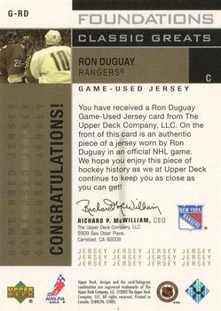 2002-03 Upper Deck Foundations - Classic Greats Silver #G-RD Ron Duguay Back