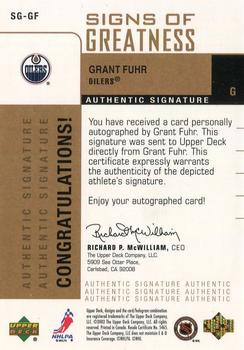 2002-03 Upper Deck Foundations - Signs of Greatness #SG-GF Grant Fuhr Back