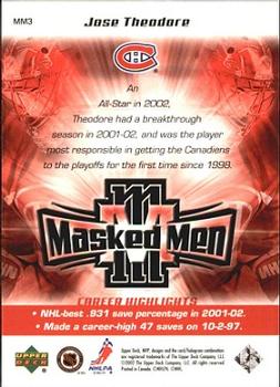 2002-03 Upper Deck MVP - Masked Men #MM3 Jose Theodore Back