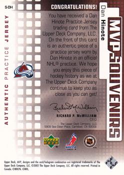 2002-03 Upper Deck MVP - Souvenirs Jerseys #S-DH Dan Hinote Back