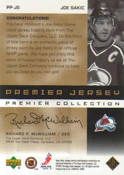 2002-03 Upper Deck Premier Collection - Jerseys Gold #PP-JS Joe Sakic Back
