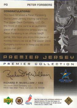 2002-03 Upper Deck Premier Collection - Jerseys Gold #PG Peter Forsberg Back