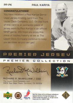 2002-03 Upper Deck Premier Collection - Jerseys Gold #PP-PK Paul Kariya Back