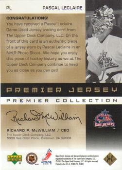 2002-03 Upper Deck Premier Collection - Jerseys Gold #PL Pascal Leclaire Back